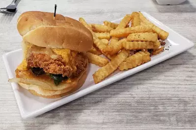 chicken sandwich and fries at Cookie Dough Monster