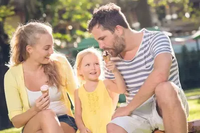 A family eating ice cream cones.