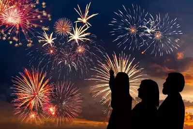 Family watching fireworks in the night sky