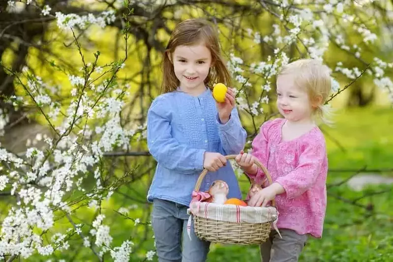 Little girls with an Easter basket outside of our Pigeon Forge Tennessee hotel.