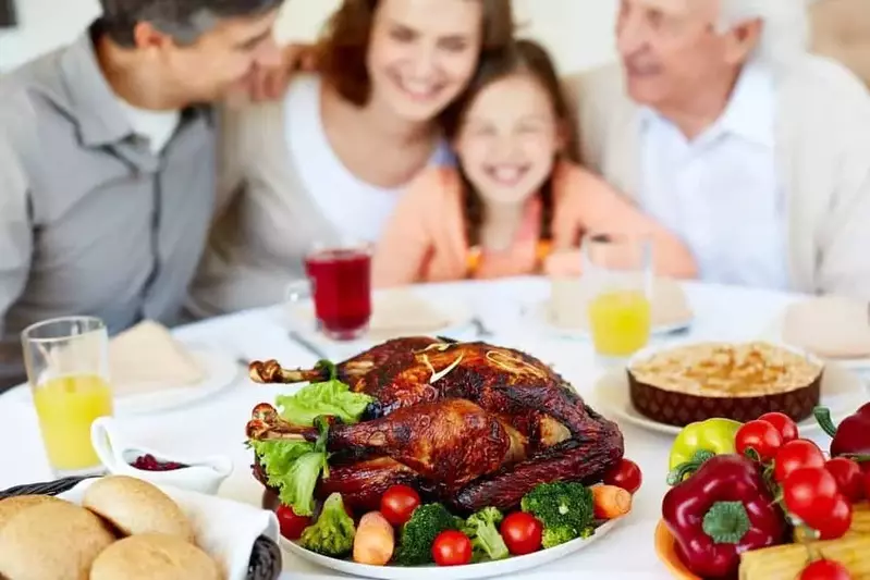 Family sitting at the table for Thanksgiving