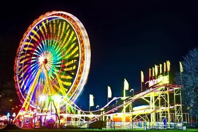 Ferris wheel and roller coaster in an amusement park at night