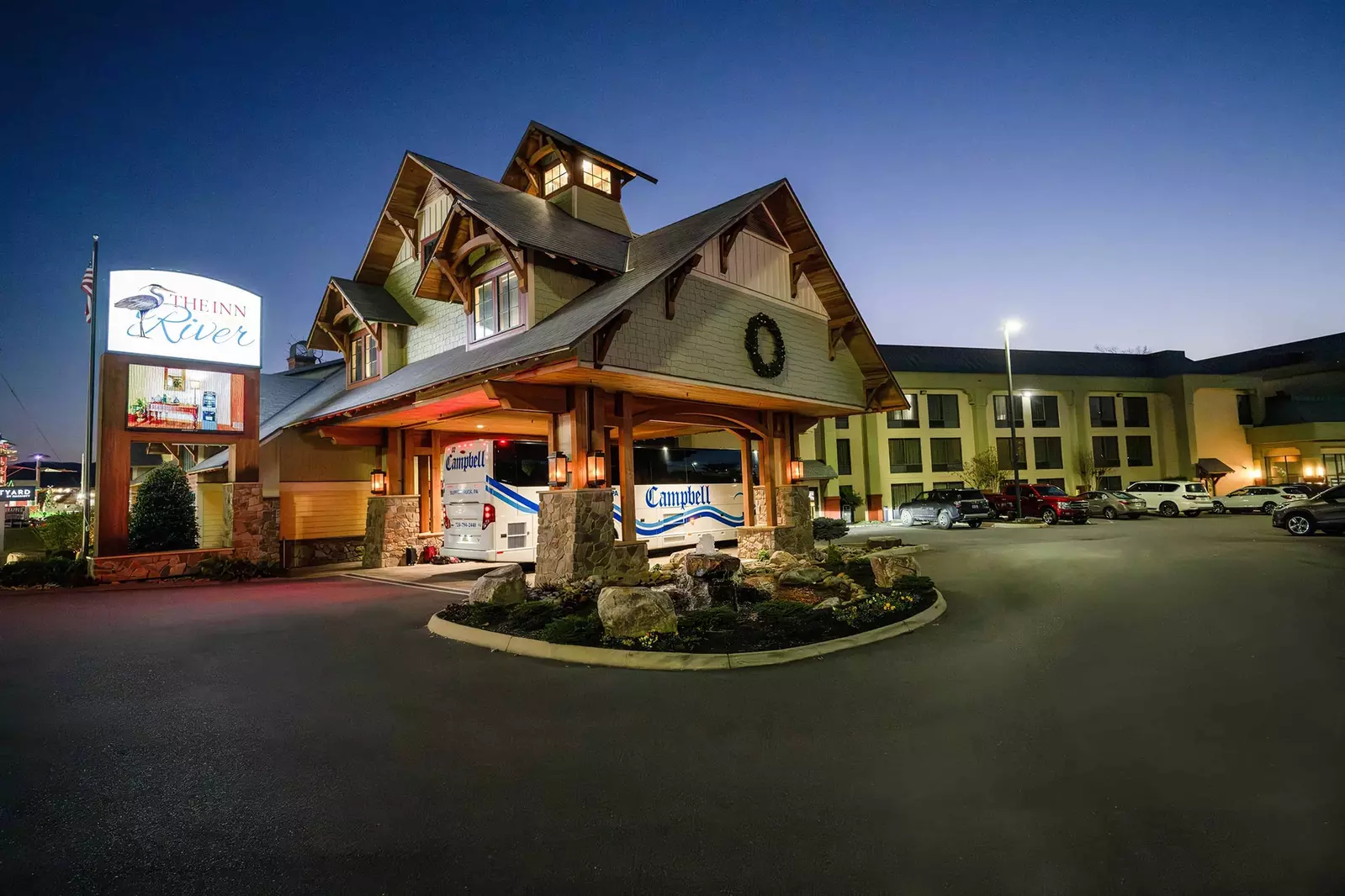 motor coach at The Inn on the River at night