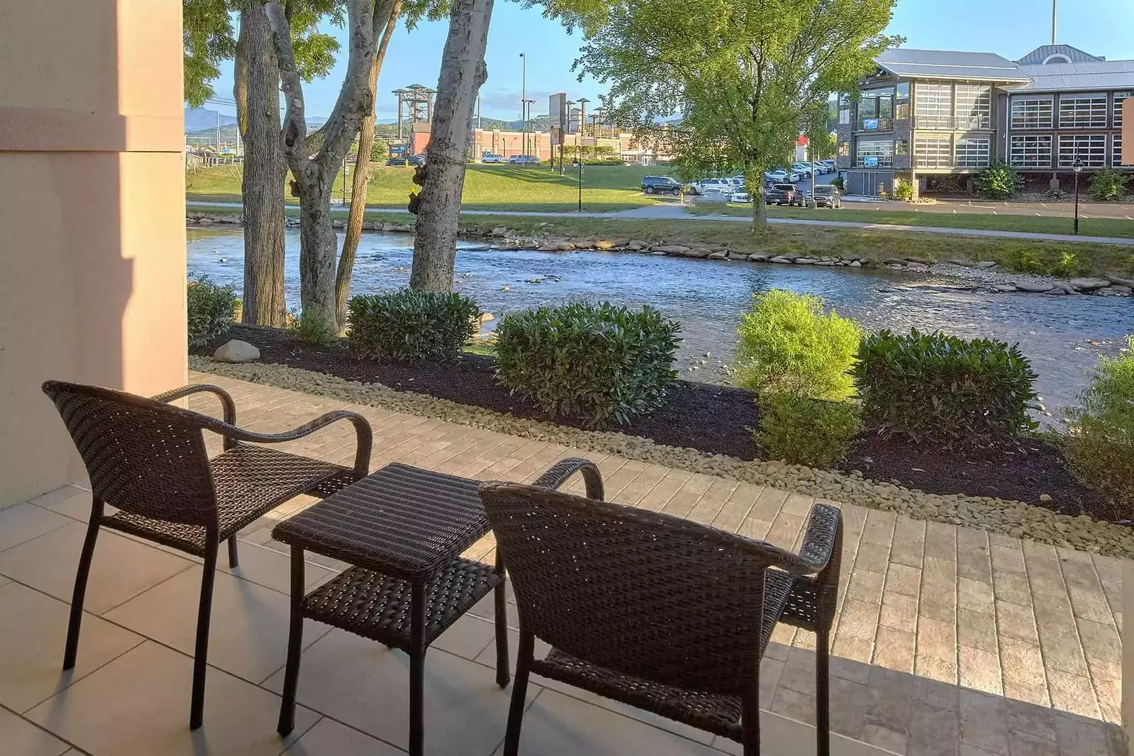 chairs facing river view