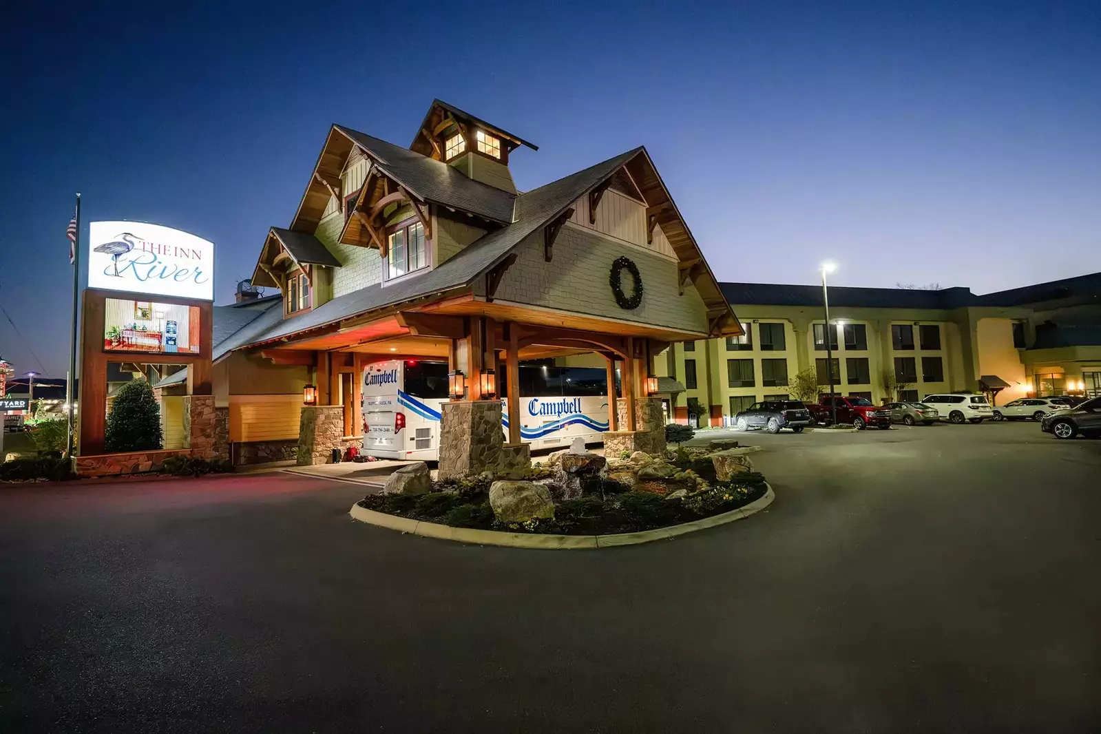 The Inn on the River exterior at night