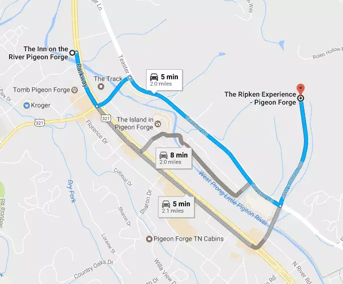 map with route from The Inn on the River to The Ripken Experience